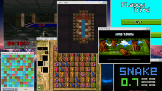 Official screenshot of KolibriOS running various supported games, including the shareware version of Doom.