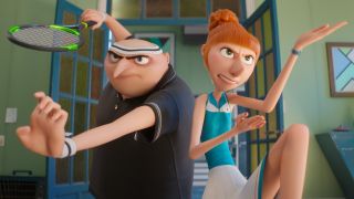 Gru and Lucy strike action poses while getting ready for tennis in Despicable Me 4.