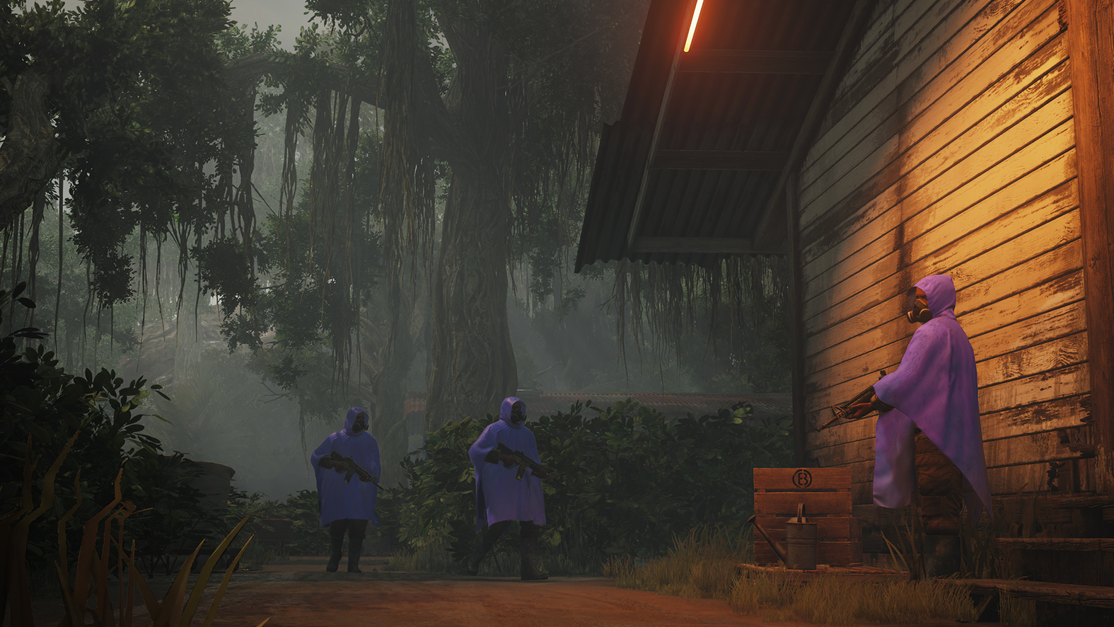 Hitman 2, three hooded figures carrying guns in a wooded setting - Best PS4 Pro games