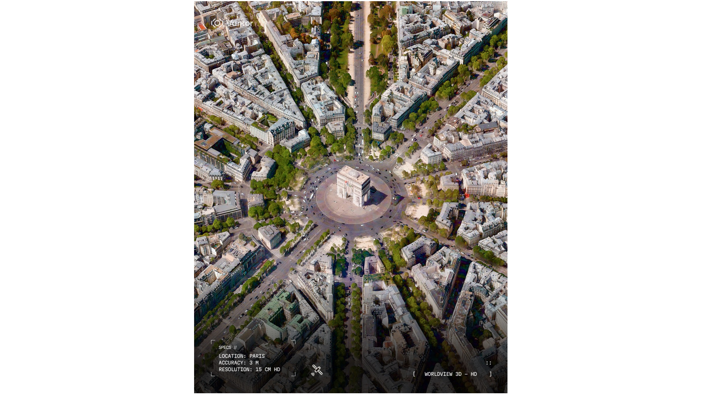 foto de satélite de um grande arco, cercado por ruas diagonais arborizadas que levam até ele