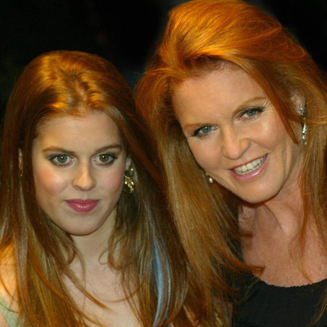 Princess Beatrice, Sarah Ferguson, and Princess Eugenie pose together in 2004.