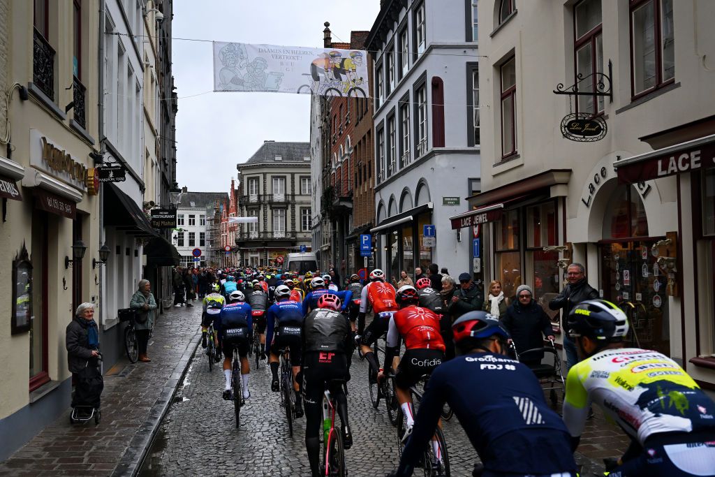 BRUGGE BELGIUM MARCH 22 A general view of the peloton prior to the 47th Minerva Classic Brugge De Panne 2023 a 211km one day race from Brugge to De Panne UCIWT on March 22 2023 in Brugge Belgium Photo by Luc ClaessenGetty Images