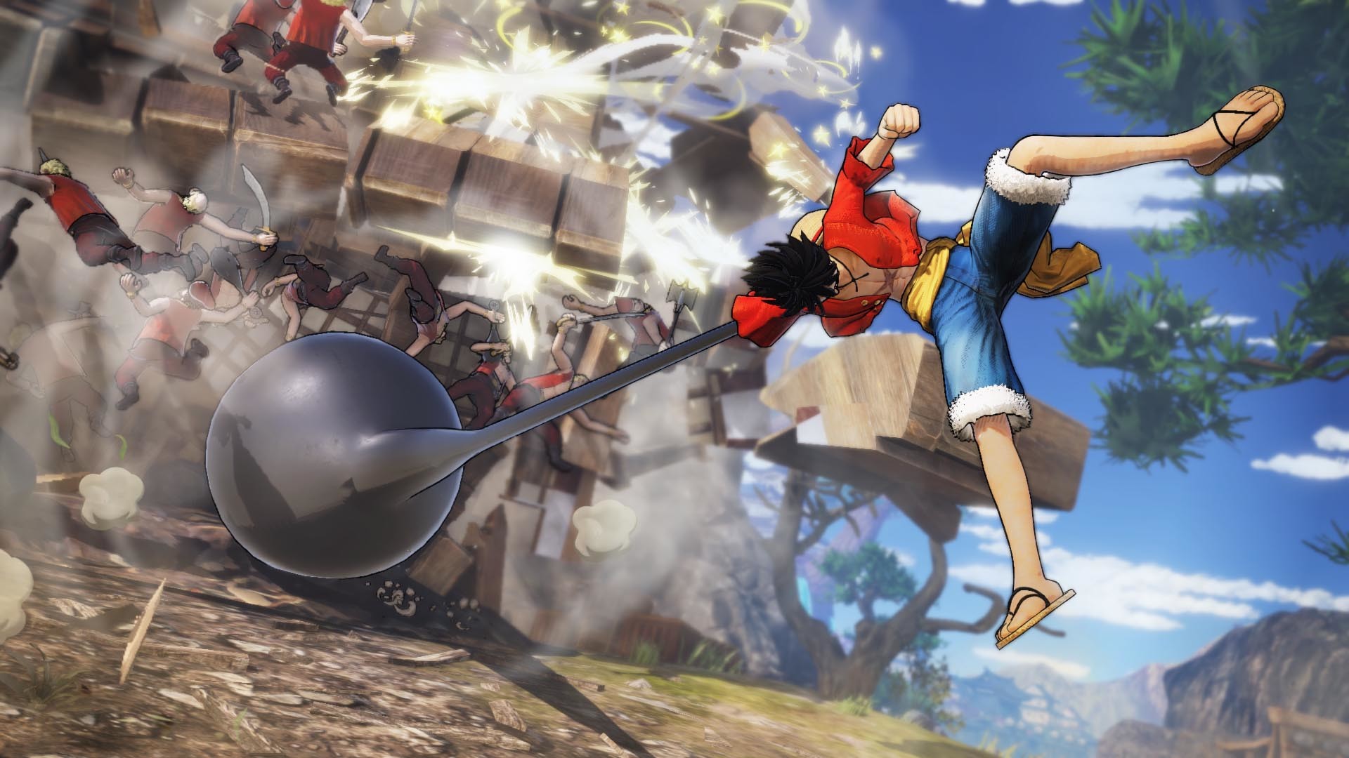 One Piece: Pirate Warriors 4 screenshot showing Luffy leaping in the air and landing a blow in battle