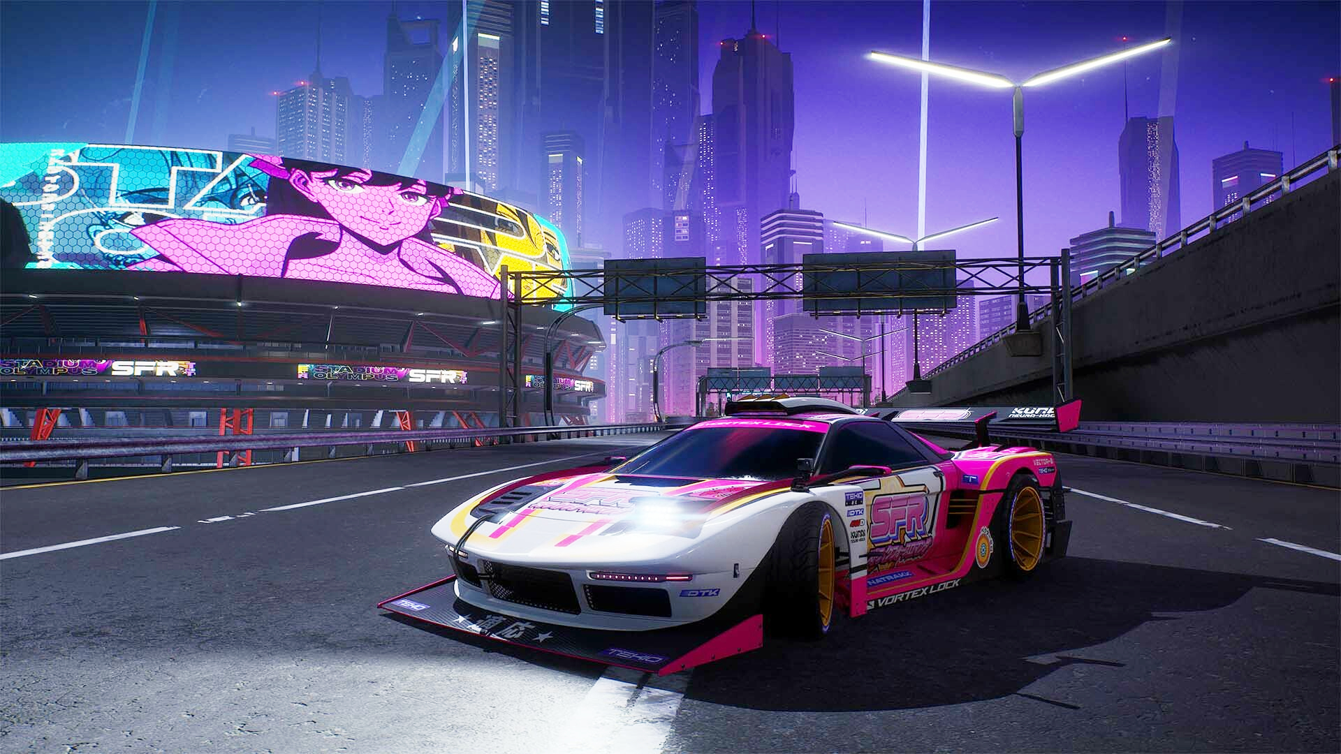 A car parked on the highway in front of an anime billboard.