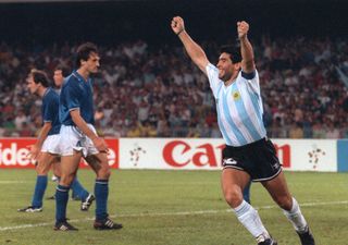 Diego Maradona celebrates after Claudio Caniggia's goal for Argentina against Italy in the 1990 World Cup semi-finals.