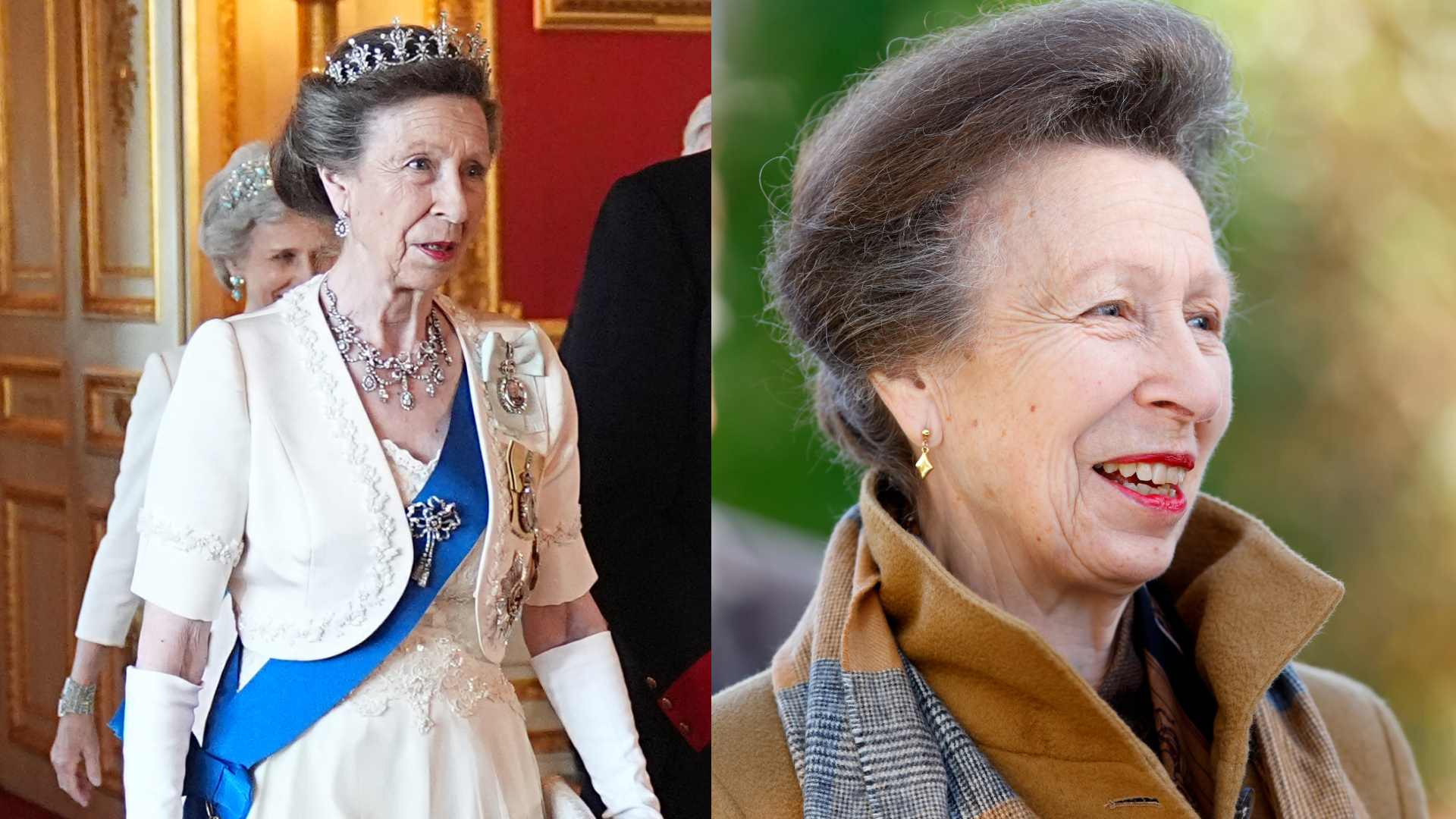 Princess Anne wearing a white gown and tiara next to a photo of her in a tan jacket smiling
