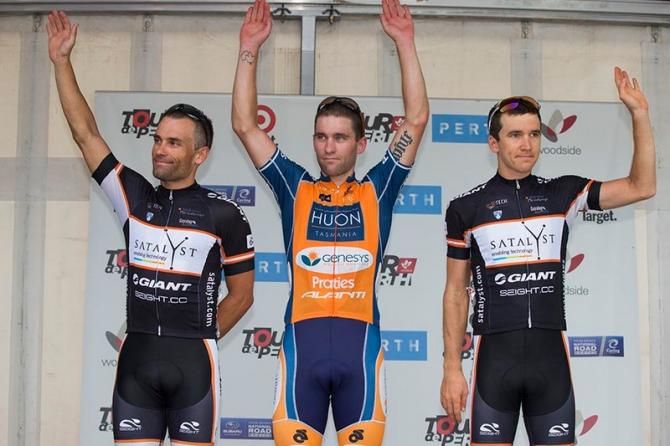 Stage 3 podium from Woodside Tour de Perth: Brad Hall (Satalyst-Giant), Nathan Earle (Huon Salmon-Genesys) and Adam Semple (Satalyst-Giant)