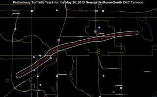 Preliminary tornado damage track for the Newcastle-Moore-South OKC tornado, on May 20, 2013. Based on radar and damage reports.