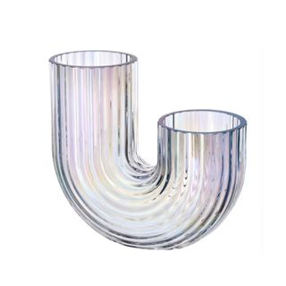 An iridescent curvy clear vase