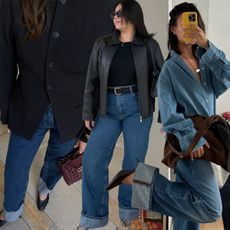 fashion collage of chic editors, influencers, and models wearing cuffed denim looks with trendy shoes