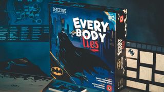 Batman: Everybody Lies box and components on a moody blue background