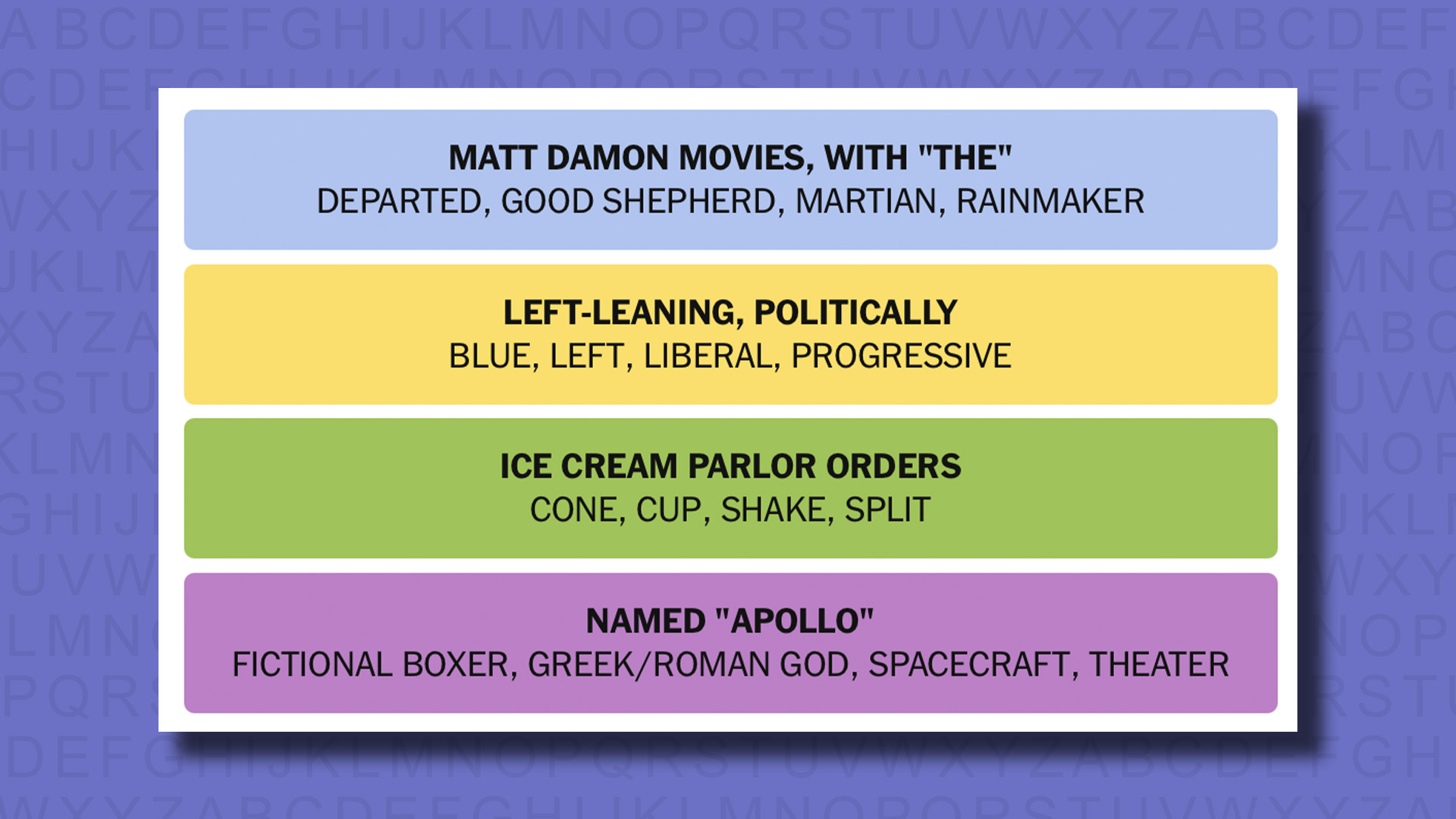 NYT Connections answers for game 837 on a purple background