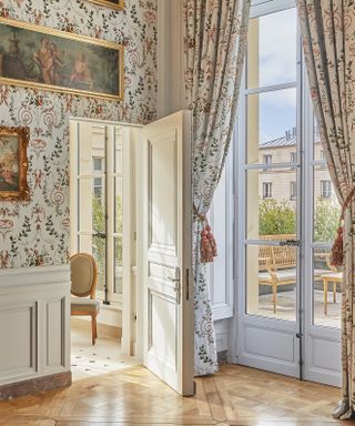 Palace of Versailles interiors, maximalist curtains and wallpaper