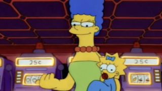 Marge begins to gamble, while holding Maggie, in The Simpsons