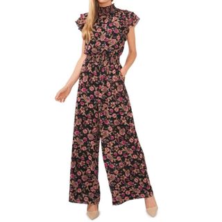 floral jumpsuit with flared trouser and frilled sleeve