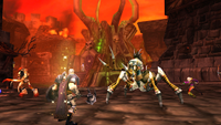 Several adventurers do battle in Stratholme in World of Warcraft: Classic, a firey undead necropolis filled with monsters.