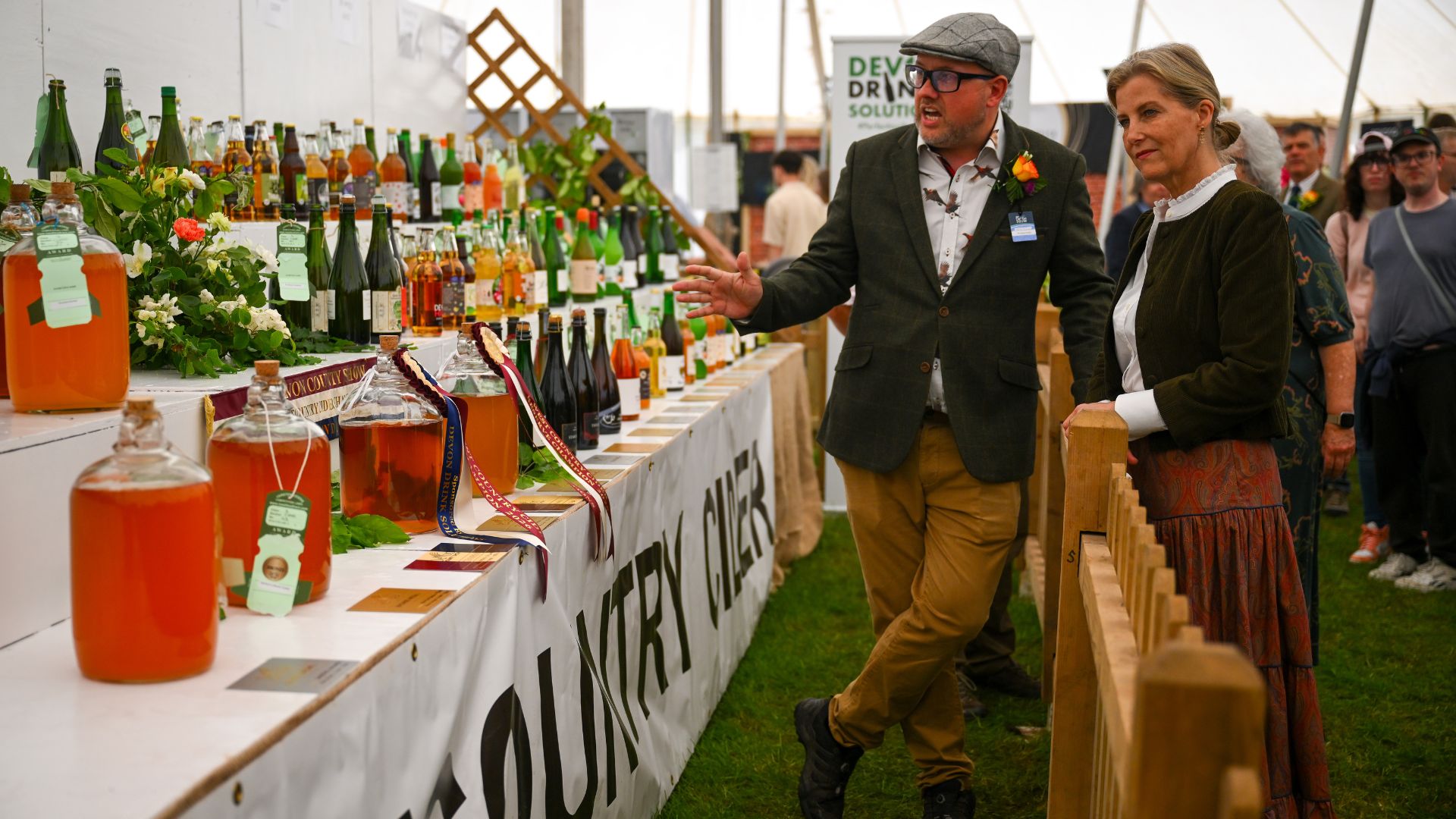 Sophie, Duchess of Edinburgh looks at some cider in the Food and Drink Pavilion at the Devon County Show at Westpoint arena, on May 21, 2026