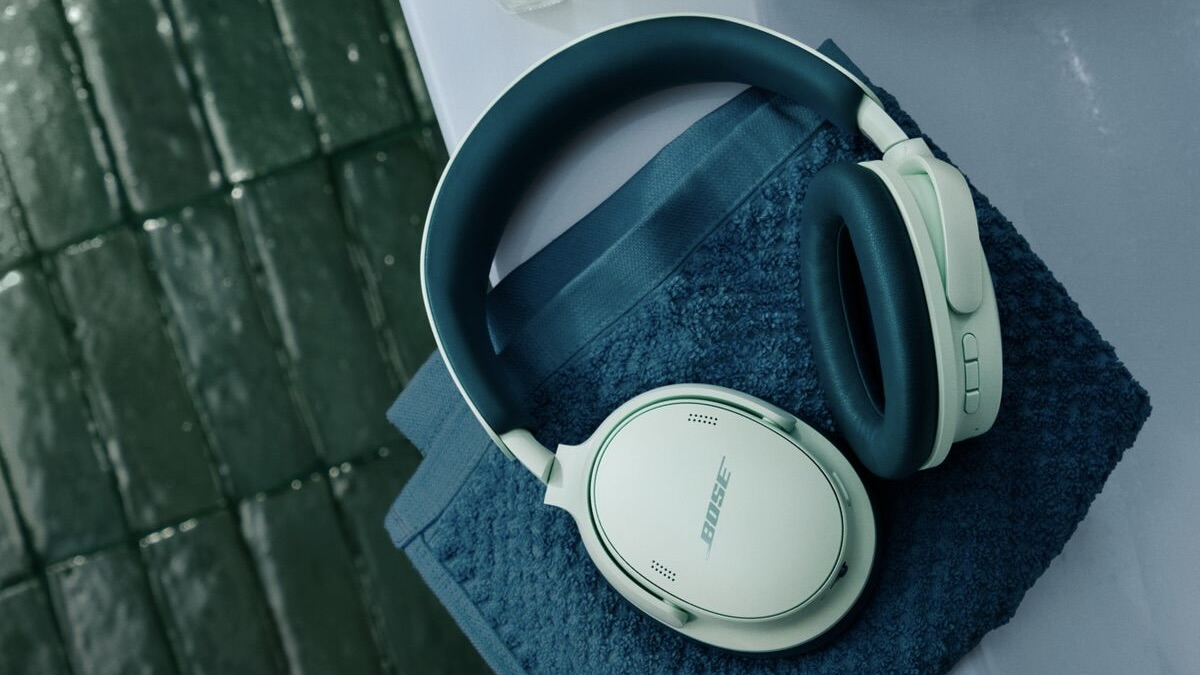 Bose Quiet Comfort Headphones (2nd Gen) lifestyle shot, outside, resting on tea towel