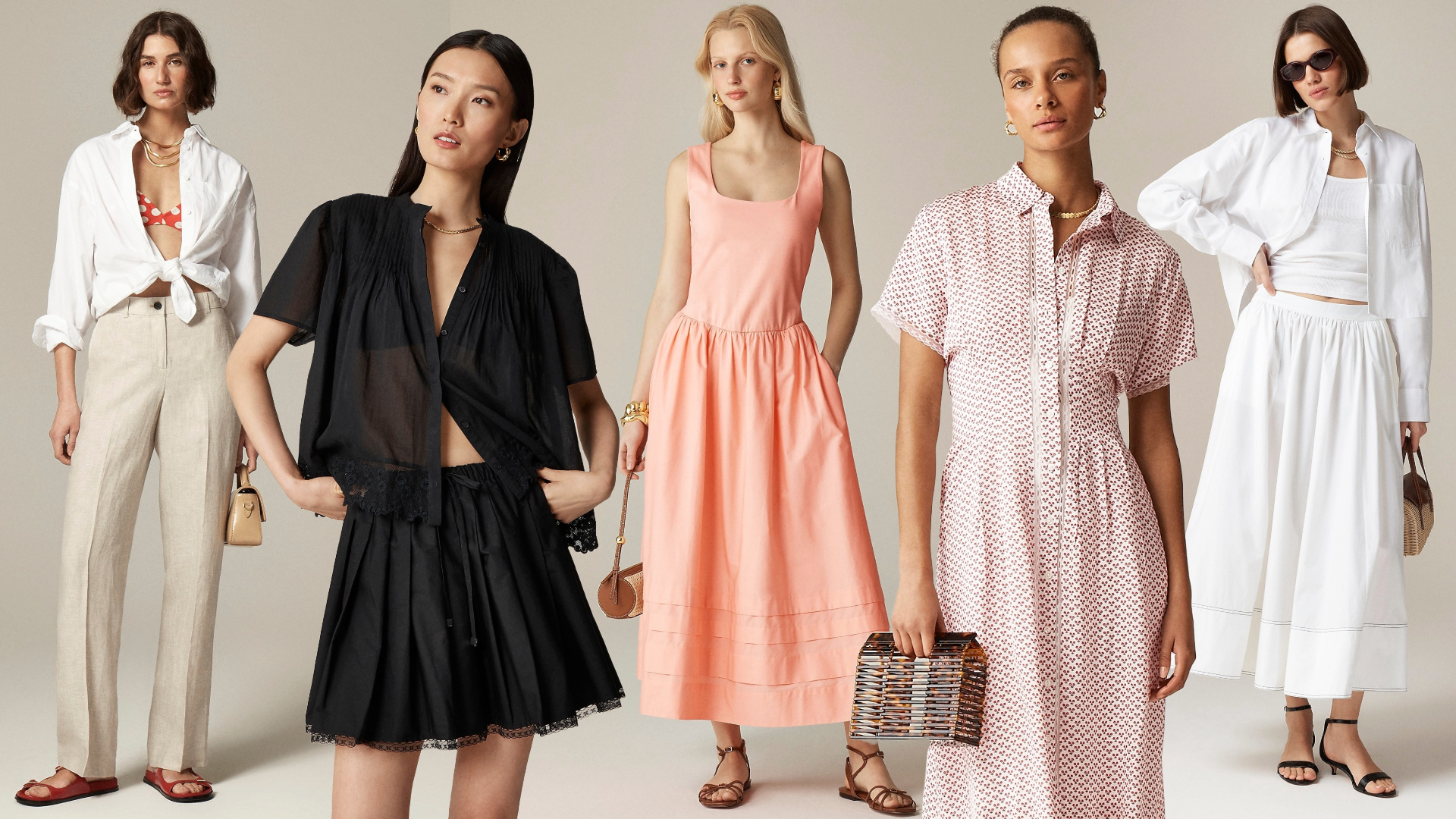 Collage of jcrew models wearing Harbor Pants in Linen, Drop-Waist Mixy Dress, Lace-Trim Pintuck Top in Cotton Voile, Wren Lace-Trim Shirtdress in Glossy Twill, Contrast-Stitch Midi Skirt in Cotton Poplin on beige background