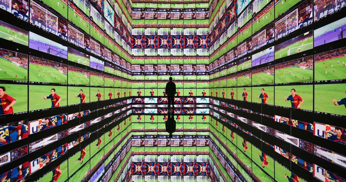 A photo of an AI-driven art installation based on a Lionel Messi goal