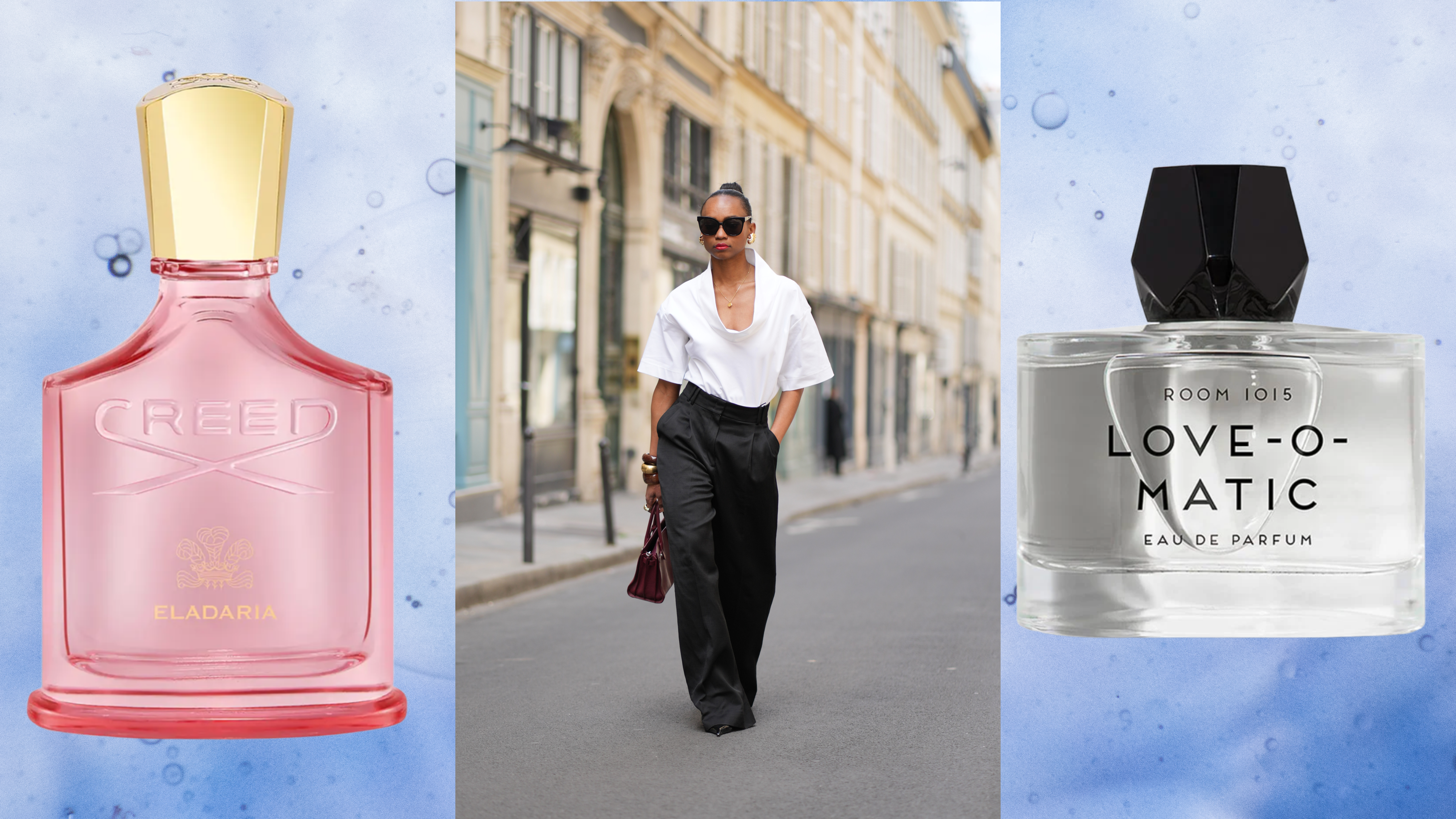 A woman wearing a white top and black pants next to two bottles of perfume on her left and right. 
