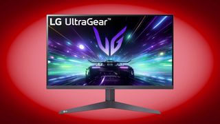 LG 27&quot; UltraGear Gaming Monitor on red background.