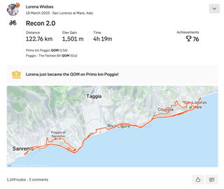 A screenshot of a Strava activity from Lorena Wiebes titled 'Recon 2.0'