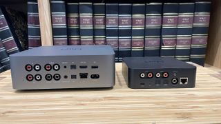 The WiiM Ultra and WiiM Pro Plus next to each other on a wooden surface, shot from behind showing their connection ports.