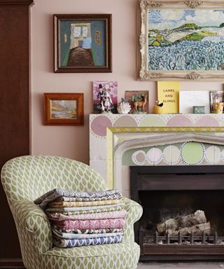 Molly Mahon’s pink living room with green armchair