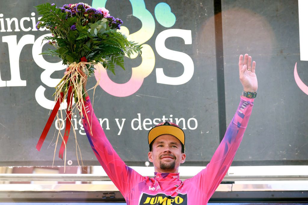 VILLARCAYO SPAIN AUGUST 17 Primo Roglic of Slovenia and Team JumboVisma celebrates at podium as Purple Leader Jersey winner during the 45th Vuelta a Burgos 2023 Stage 3 a 183km stage from Sargentes de la Lora to Villarcayo on August 17 2023 in Villarcayo Spain Photo by Gonzalo Arroyo MorenoGetty Images