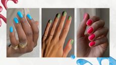 A collage of summer nails 2026: on the left is a close-up of a hand with a bright blue manicure, created by nail artist Julia Diogo (@paintedbyjools), and in the middle and right and pictures of hands with a green and hot pink manicure, by nail artist and digital content creator, Mateja Novakovic (@matejanova)/ all featured in a grey and white template with two nail polish spills.