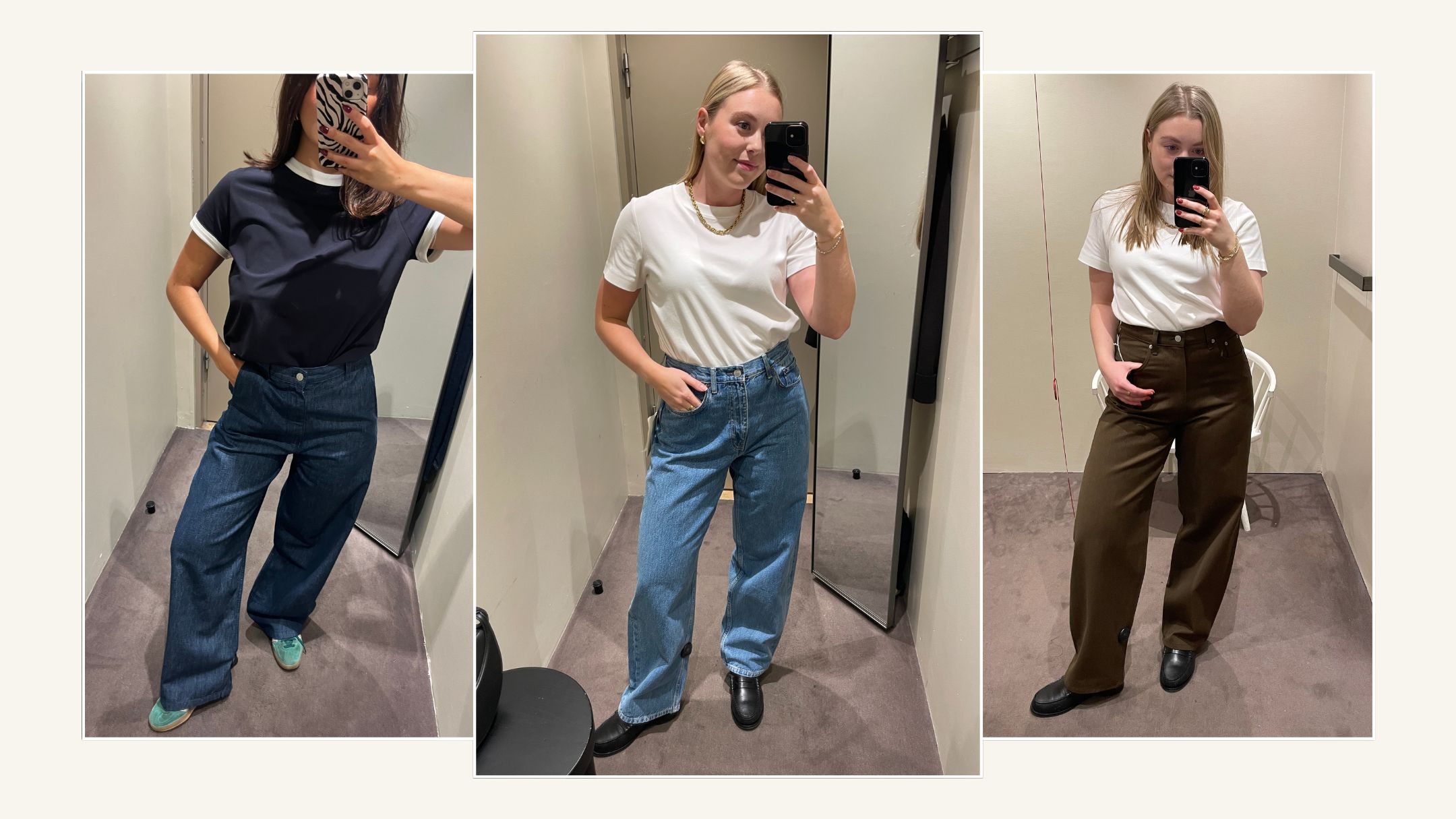Woman wears navy T-shirt, blue jeans and green trainers; woman wears white T-shirt, blue jeans and loafers; woman wears white T-shirt, brown jeans and black loafers