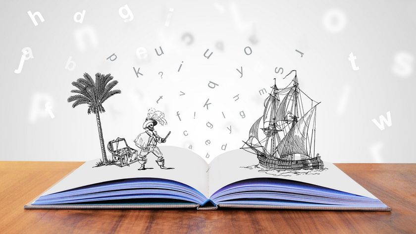 A book with blank pages is open and drawings of a sailor, a palm tree and a sail boat are coming to life above it.