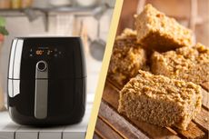 A collage of an air fryer and flapjacks