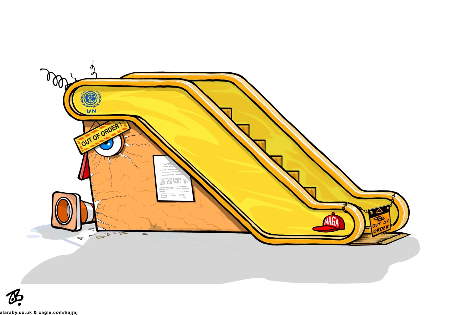 This cartoon depicts a broken, golden escalator with a MAGA hat on the side. There&amp;rsquo;s an out of order sign on the side and the front, along with an UN logo.