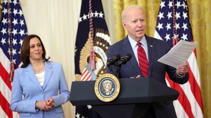U.S. President Joe Biden delivers remarks alongside Vice President Kamala Harris on the Senate's bipartisan infrastructure deal Thursday, June 24, at the White House in Washington, D.C.