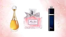 Product shot of Dior J'adore Parfum d'Eau,JOY by Dior Eau de Parfum Intense andDior Hypnotic Poison Eau de Parfum, three of the best dior perfumes on a pale pink and floral background