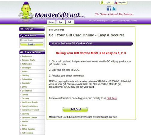 Monster Gift Card image: The service has a three-step selling process.