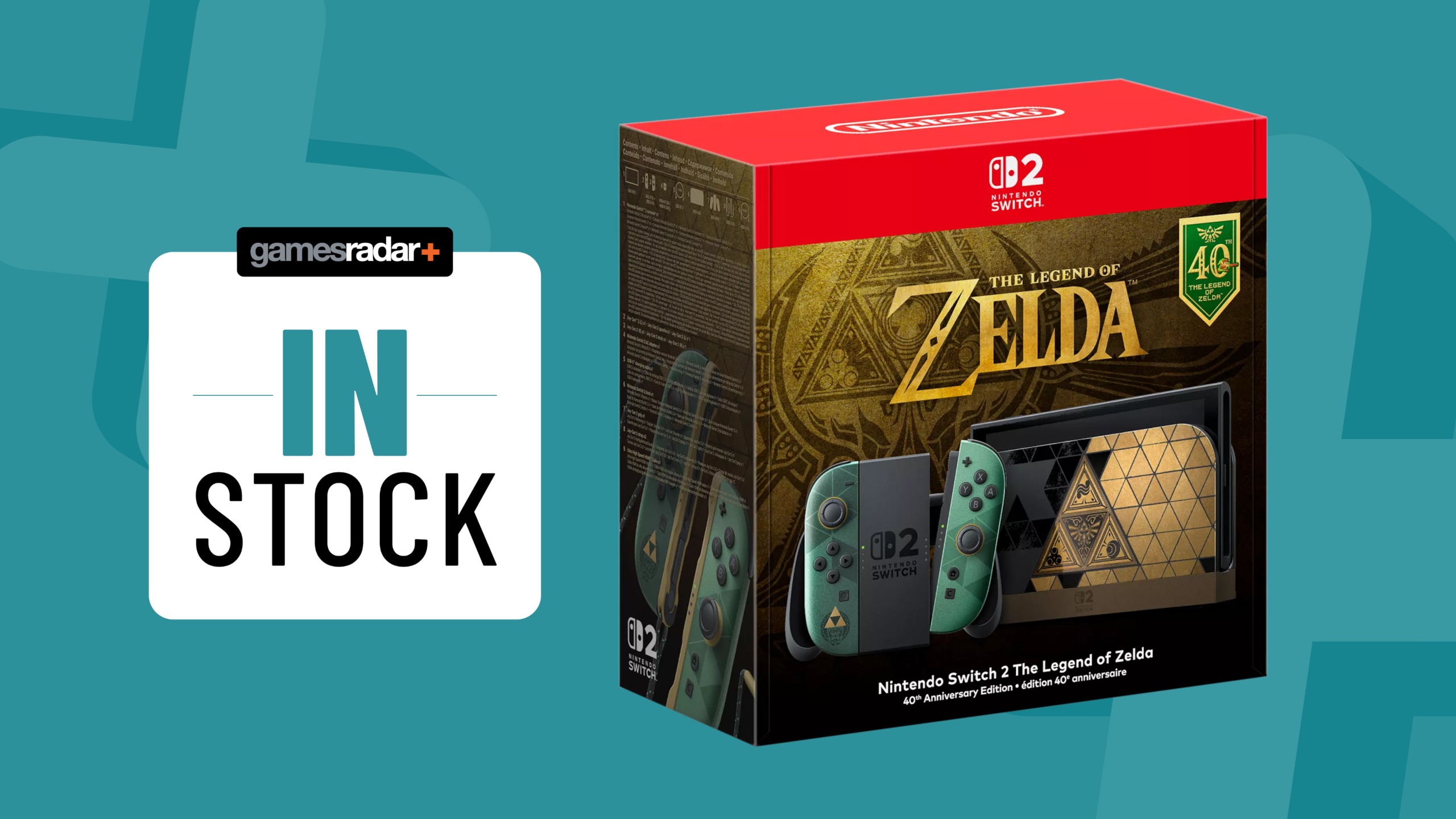 Legend of Zelda Nintendo Switch 2 on a blue background with in stock badge