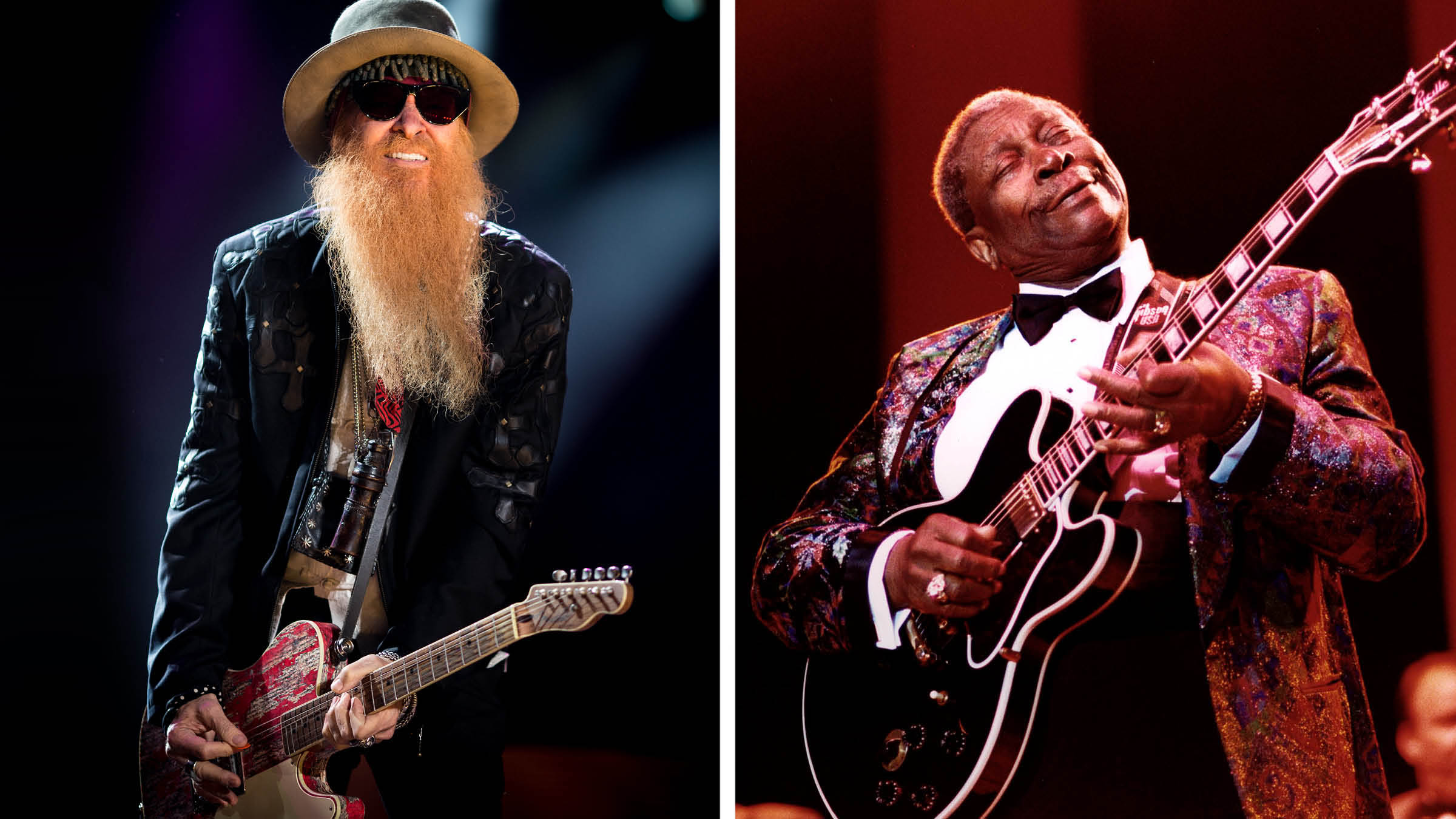 Billy Gibbons [left] plays a custom T-style; B.B. King takes a solo on Lucille.