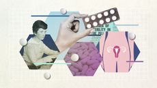 Illustration of birth control pills, female anatomy and campaigner Margaret Sanger