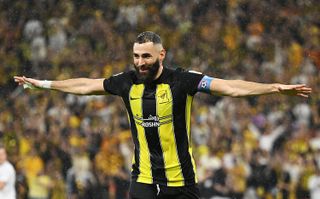 Karim Benzema celebrates a goal for Al-Ittihad against Auckland City in the FIFA Club World Cup in December 2023.