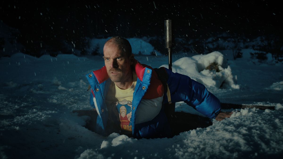 David Harbour in snowy environment in Stranger Things Season 4