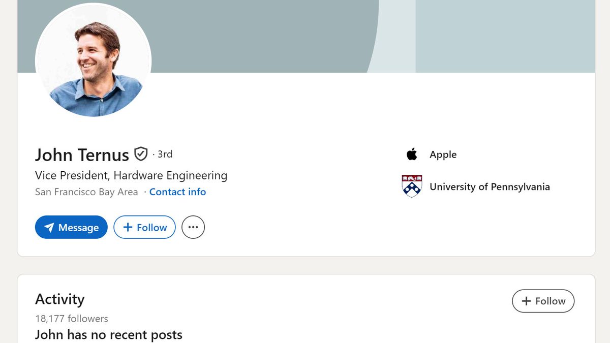 John Ternus LinkedIn Page showing profile and no recent posts