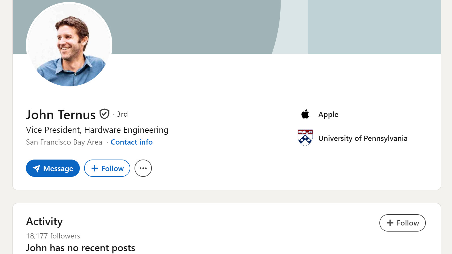 John Ternus LinkedIn Page showing profile and no recent posts