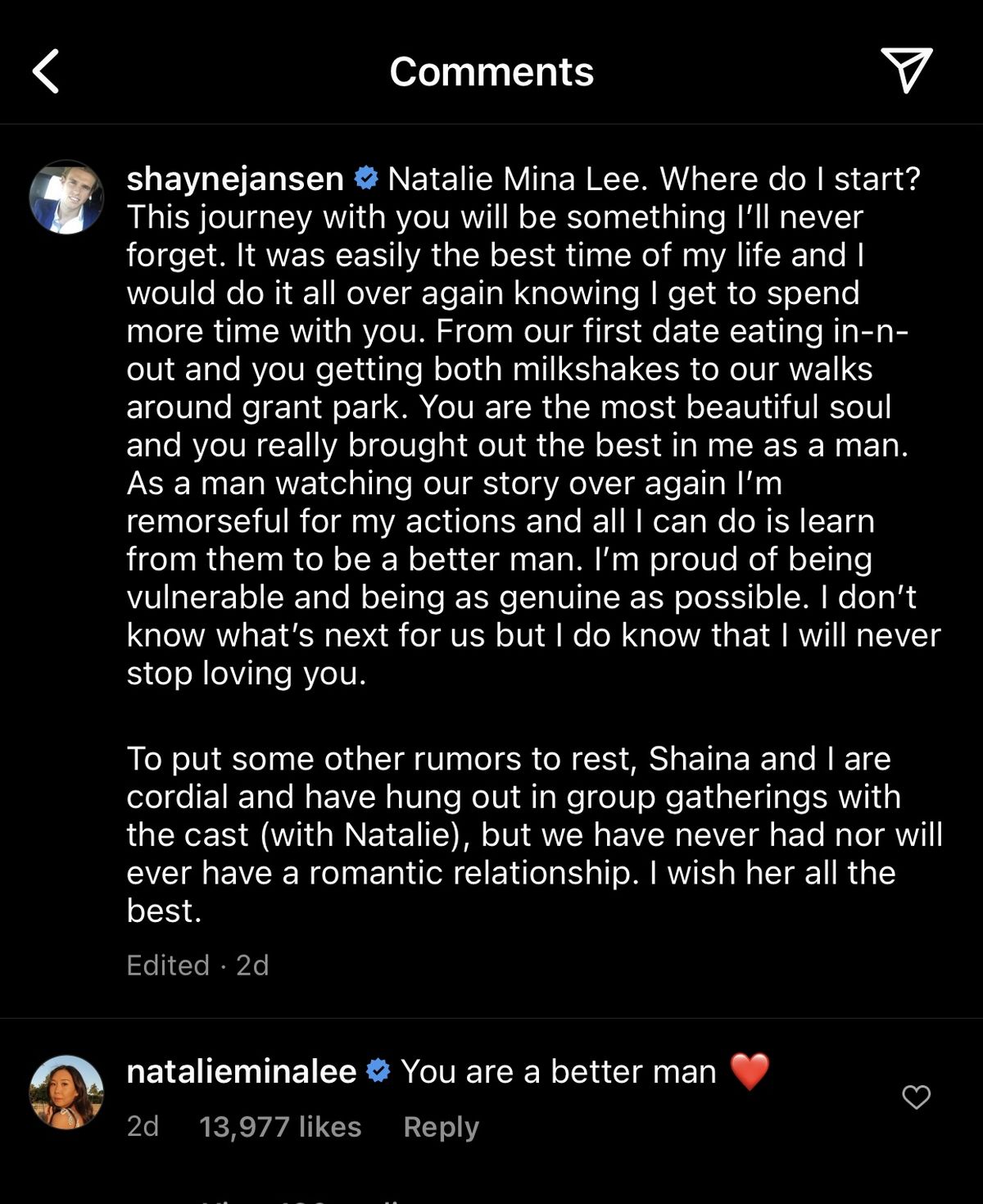 Shayne's Instagram about Natalie and Shaina