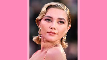 Florence Pugh attends "The Wonder" UK premiere during the 66th BFI London Film Festival at The Royal Festival Hall on October 07, 2022 in London, England. / in a pink rectangle template