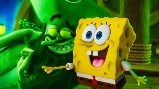 lying Dutchman (Mark Hamill) and SpongeBob SquarePants (Tom Kenny) in The SpongeBob Movie: Search For SquarePants from Paramount Animation and Nickelodeon.
