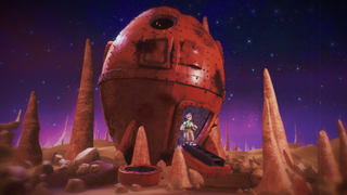 Wallace from Wallace & Gromit exiting a rocket ship on Mars