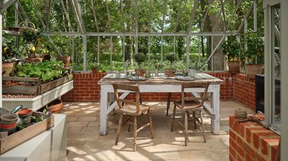 greenhouse ideas with table and chairs set up for entertaining, plants, flowers, cake, pink tumblers, fruit, artwork 